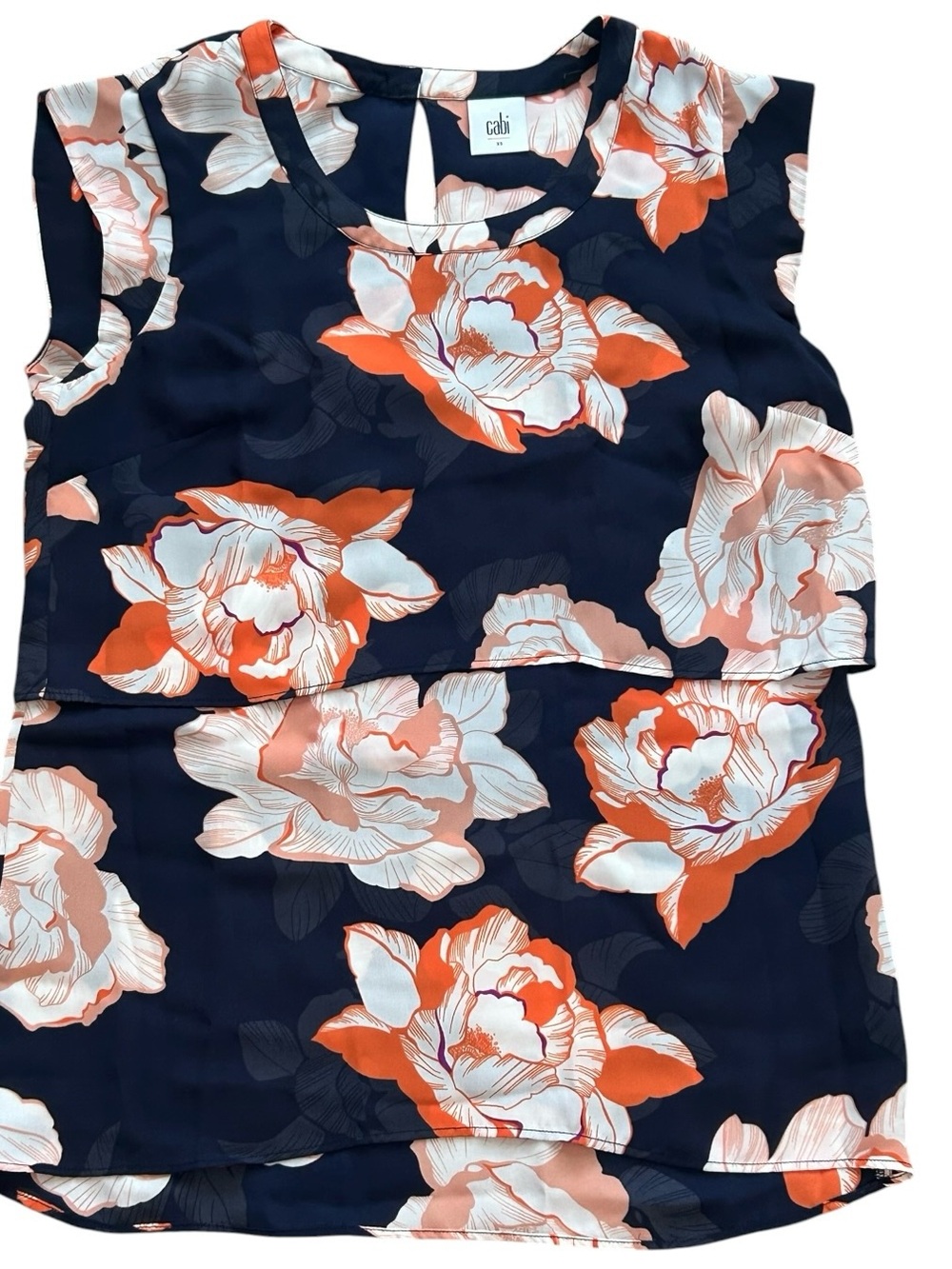 CAbi Floral Sleeveless Blouse XS Navy Orange Layered Tank‎ Top Feminine Romantic